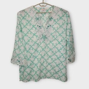 Barbara Gerwit Embellished Tunic Top 3XL White Turquoise Starfish Resort